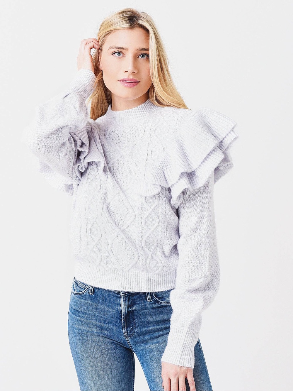 BB Dakota by Steve Madden Go To Town Ruffle Cable Knit Sweater Grey Small